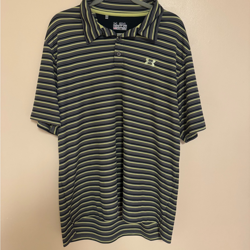 Mens Under Armour Gray Neon Green Striped Polo Shirt Size Xxl